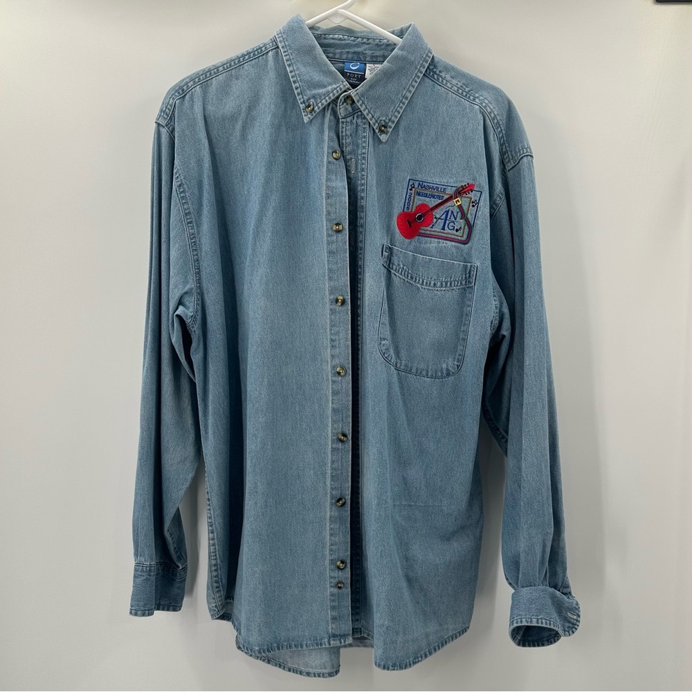 Nashville Guitar Vintage Embroidered Chambray Shirt 100%cotton Large Unisex - Picture 3 of 8